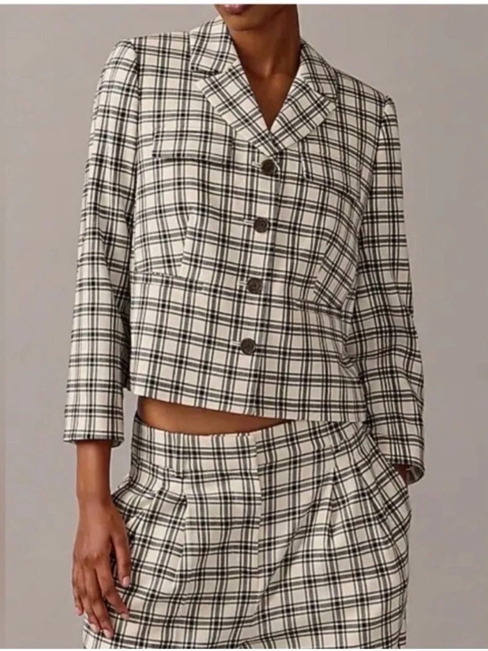 J. Crew Cream and Black Plaid Tailored Blazer